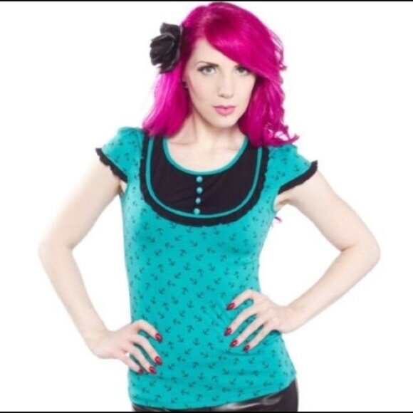 Turquoise and black Sourpuss anchor print Patsy top - Picture 5 of 6